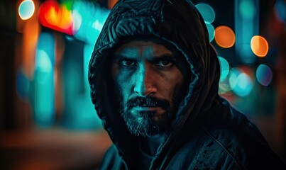 Computer hacker, face or neon man hacking online database software, website server or password phishing. Green ransomware developer, cyber security programming or night programmer coding malware code