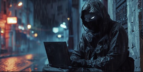 Masked data thief hacking computer network at night, working on laptop and multiple monitors to steal IT information. Hacker with hidden identity, server security breach. Handheld shot. - obrazy, fototapety, plakaty