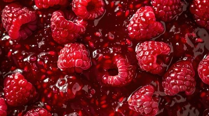 Macro view of red ripe raspberry jam fruit food texture background. AI generated image - obrazy, fototapety, plakaty