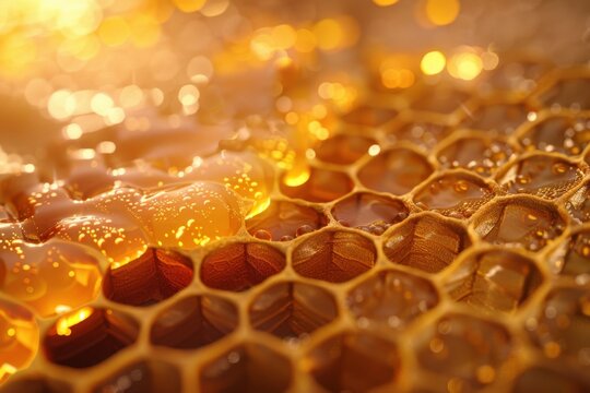 A photorealistic image of a honeycomb filled with glowing honey produced by genetically modified bees to increase honey production.