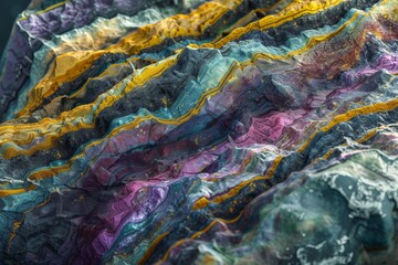 A photorealistic close-up of a smooth, polished rock with bands of vibrant colors, showcasing the geological history of the Earth. - obrazy, fototapety, plakaty