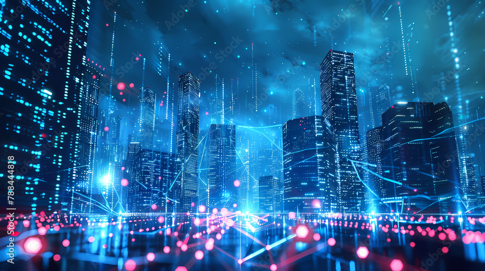 Poster virtual cityscape with connected data network