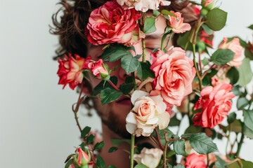 Beautiful young man in roses flowers on white background.