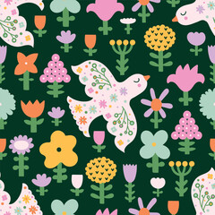 Cute floral seamless pattern with spring flower and birds. Vintage flowers illustration. Template for fashion prints. - 788444854