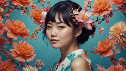Portrait of a beautiful Asian girl, flowers