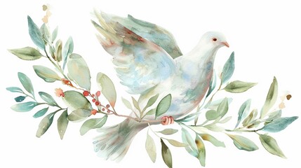 Dove and olive branch in delicate watercolor