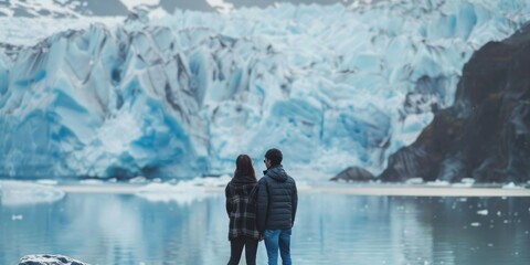 A couple admiring a majestic glacier or ice formation during their travel adventure. 