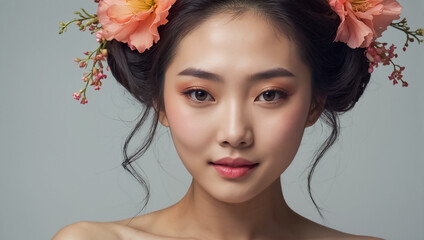 Portrait of a beautiful Asian girl, flowers attractive