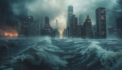 A city is shown in the background with a large wave crashing over it by AI generated image - obrazy, fototapety, plakaty