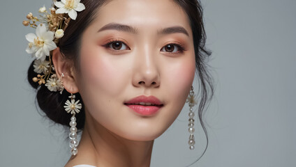 Portrait of a beautiful Asian girl, flowers fashion