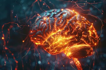 A photorealistic human brain with glowing neurons firing electrical impulses, reminiscent of a complex circuit board.  - obrazy, fototapety, plakaty