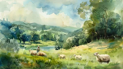 Fotobehang Pastoral watercolor scene with sheep and a shepherd © NIPAPORN