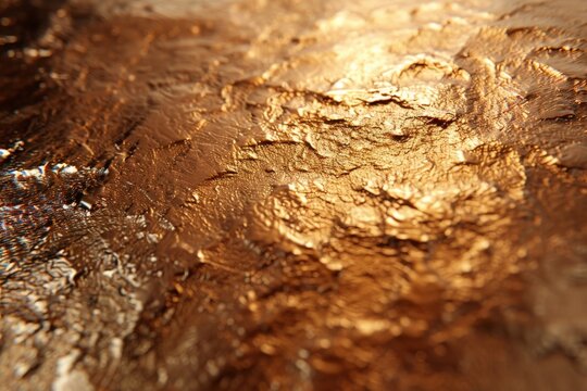 A photorealistic close-up of textured metallic paint in rich gold and bronze, shimmering with a pearlescent sheen.