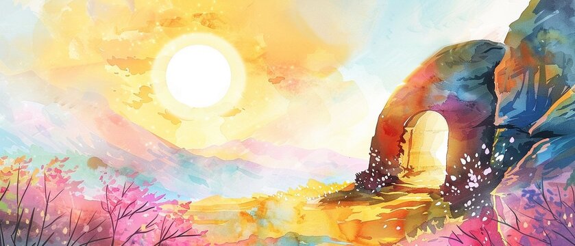 Easter scene with a watercolor empty tomb