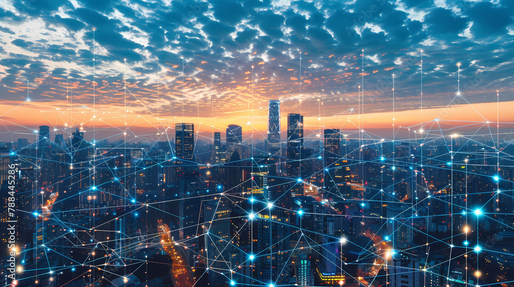 Poster virtual cityscape with connected data network