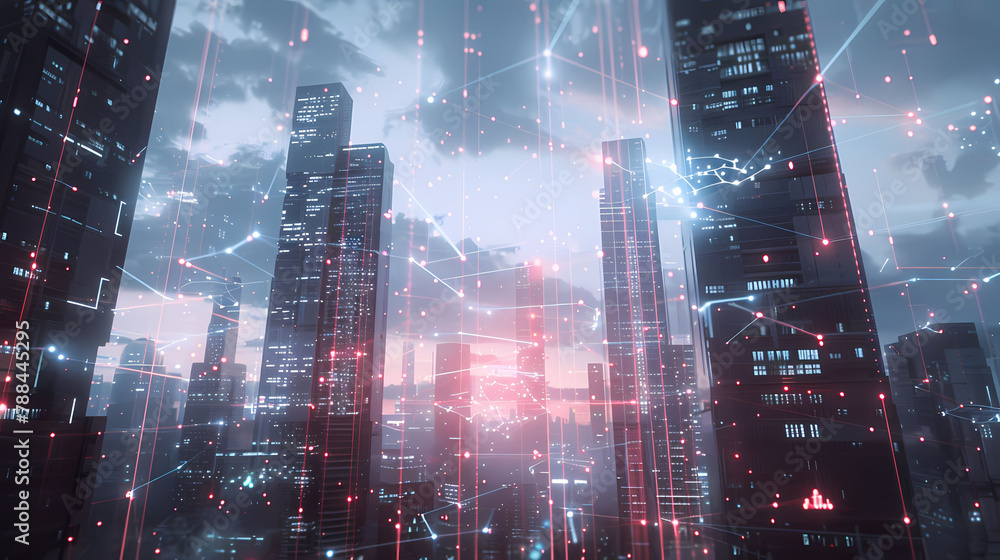 Poster virtual cityscape with connected data network