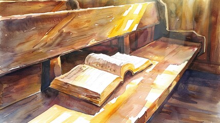 Watercolor illustration of hymnals on a church bench