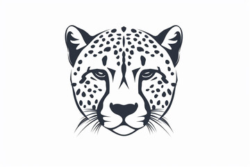 A minimalist cheetah face icon in monochromatic black and white, with strong and precise lines. Isolated on a white background.