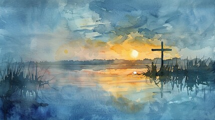 Watercolor sunrise over a tranquil lake a cross subtly etched into the horizon - obrazy, fototapety, plakaty