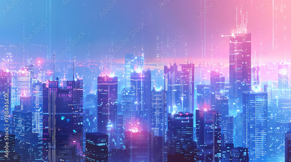 Poster virtual cityscape with connected data network