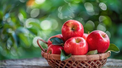 Red apples in a basket on a rustic table in a garden close-up outdoors, orchard, place for text
