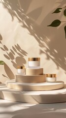 Aesthetic display of skincare products on a pedestal with plant shadow patterns