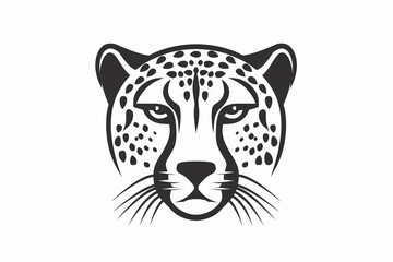 A minimalist cheetah face icon in monochromatic black and white, with strong and precise lines. Isolated on a white background.