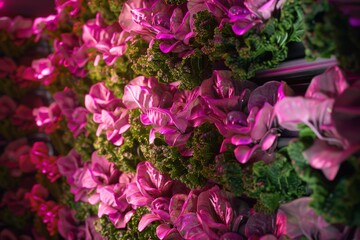 A photorealistic image of a vertical farm with stacked layers of hydroponic lettuce plants illuminated by pink grow lights.