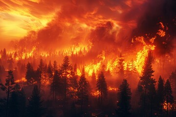 A powerful wildfire raging through a forest, flames leaping towards the sky and casting an ominous orange glow on the smoke-filled landscape. - obrazy, fototapety, plakaty