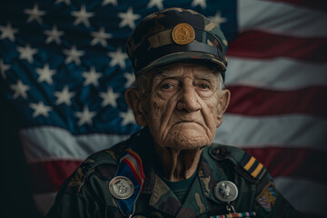 A powerful portrait of an elderly military veteran, his face etched with the lines of time, wearing his uniform adorned with medals, in front of the American flag, symbolizing a lifetime of service an