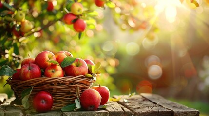 Red apples in a basket on a rustic table in a garden close-up outdoors, orchard, place for text