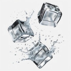 Three falling ice cubes, isolated on transparent PNG