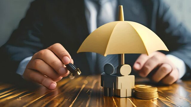 Businessperson holding an umbrella over a paper family and coins