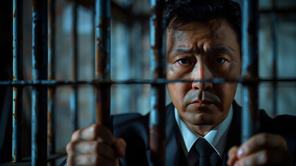 An intense portrait of a man in a business suit behind bars, his expression one of contemplation and resolve, suggesting a narrative of restriction, challenge, or injustice