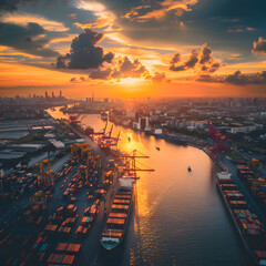 Sunset over the Tariff Gateway: Port Scene of Global Trade - obrazy, fototapety, plakaty