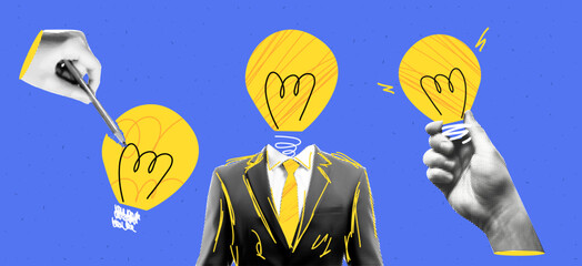Creative collage concepts set: Man with a light bulb head in a pop art style, featuring blue and yellow grunge textures and dadaism elements. Hand-drawn doodles and cut-out paper  - obrazy, fototapety, plakaty