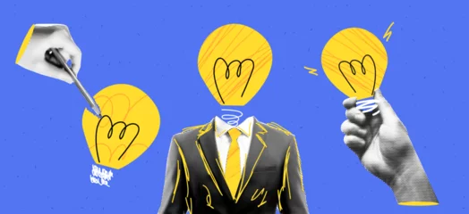 Foto auf Acrylglas Creative collage concepts set: Man with a light bulb head in a pop art style, featuring blue and yellow grunge textures and dadaism elements. Hand-drawn doodles and cut-out paper  © annetdebar