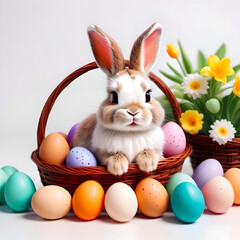 Bunny in a basket with eggs 