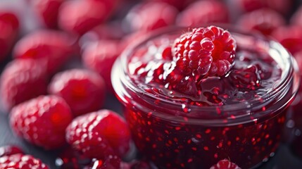 Macro view of red ripe raspberry jam fruit food texture background. AI generated image - obrazy, fototapety, plakaty