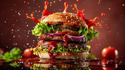 A hamburger with layers visible, sauce splashing onto it from above - obrazy, fototapety, plakaty