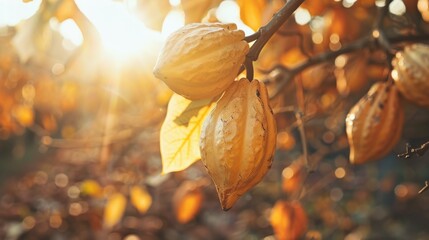 Close up yellow range color cocoa pods harvesting hanging on tree in sunlight. AI generated image - obrazy, fototapety, plakaty