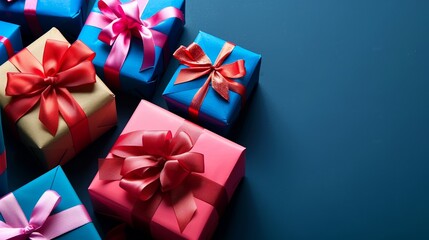 A pile of gift boxes tied with satin ribbons, arranged artistically