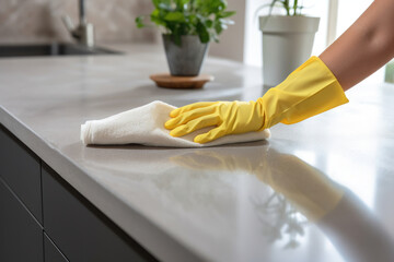 Hand in yellow cleaning gloves wiping a kitchen countertop with a white cloth, clean and tidy space.