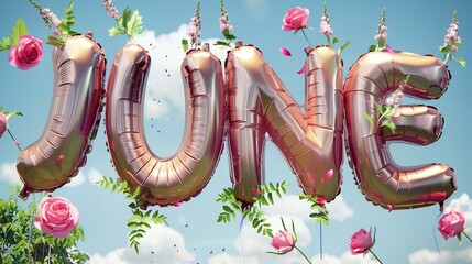 foil balloons shaped text "JUNE" with flying roses and honeysuckle flowers against a sunny sky