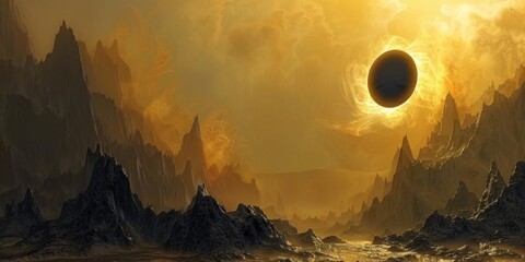 A digital painting of a fantasy landscape with a partial solar eclipse as the central focus.  - Powered by Adobe