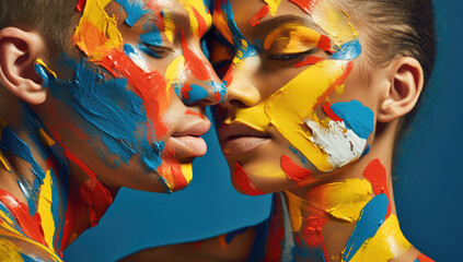 Two faces intimately close, adorned with a vivid palette of red, blue, and yellow paint strokes, convey a fusion of art and emotion in an abstract human portrait.