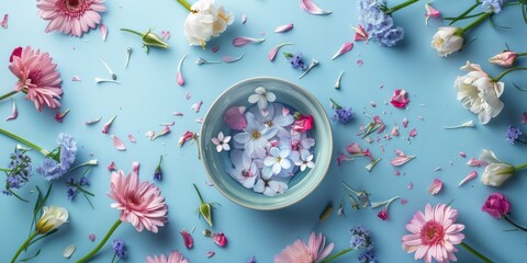 Top view of a blue bowl with a spring flower in and around it on a pastel blue background.
