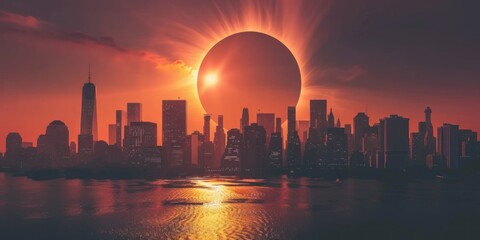 A city skyline with skyscrapers and the partially eclipsed sun in the background. 