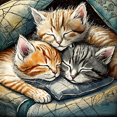 담요 속에 뒤엉켜 자고 있는 세 마리의 아기 고양이 - obrazy, fototapety, plakaty