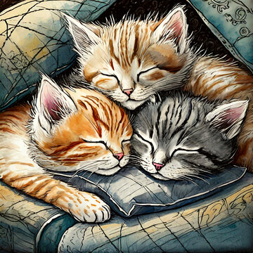 담요 속에 뒤엉켜 자고 있는 세 마리의 아기 고양이